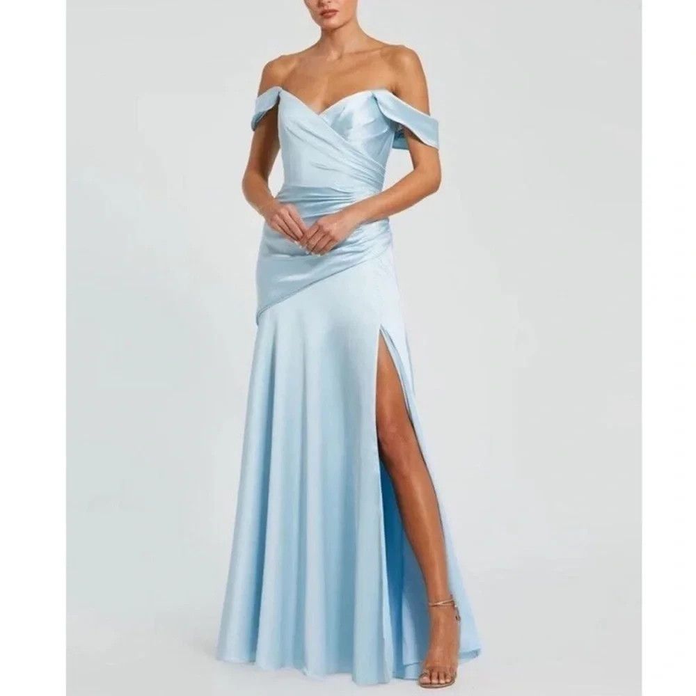 Mac Duggal 56037 Blue Satin Off The Shoulder Crossover Gown Sz 8 New $458